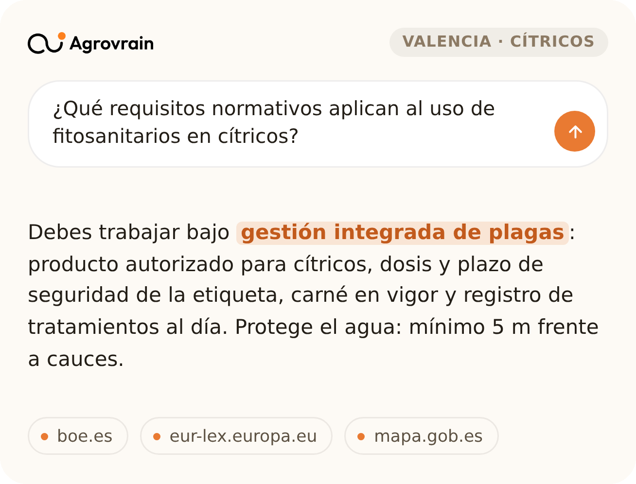 Ejemplo de respuesta de Agrovrain sobre normativa de fitosanitarios en cítricos
