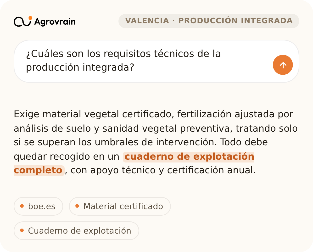 Ejemplo de respuesta de Agrovrain sobre los requisitos técnicos de la producción integrada